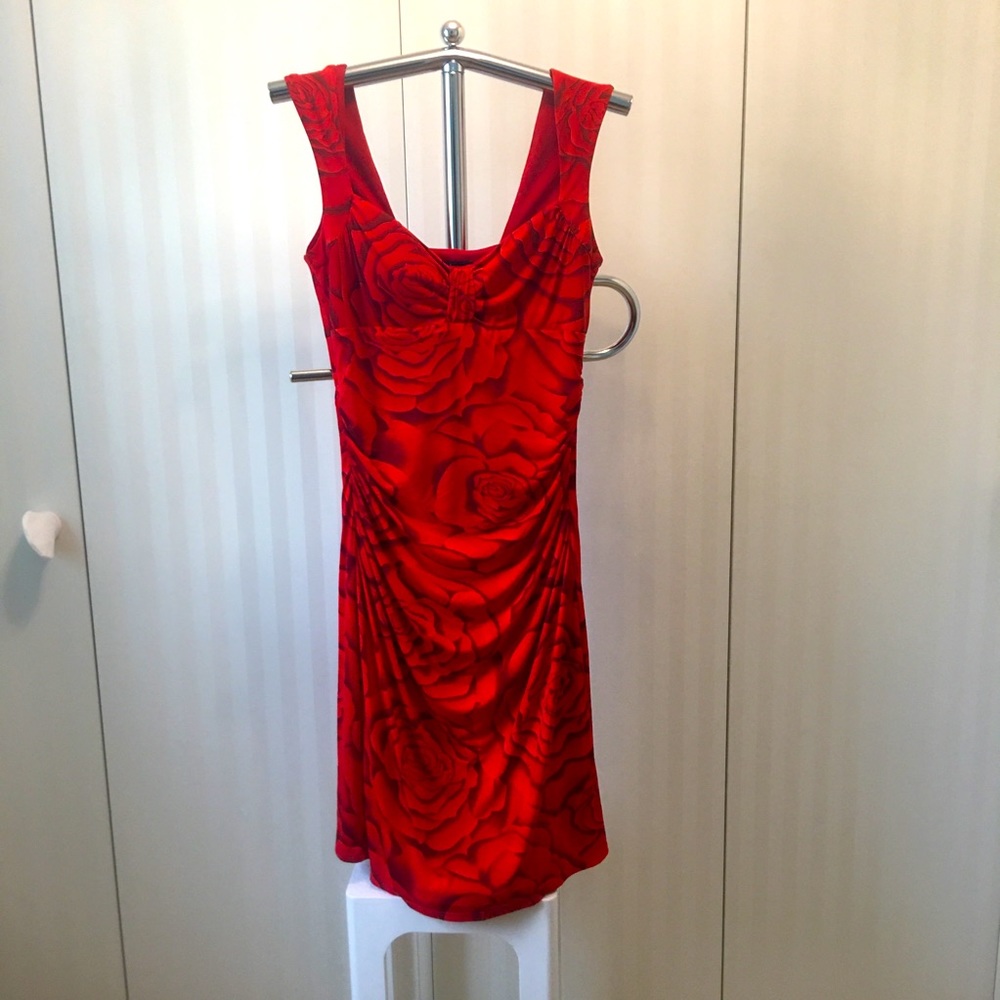 Le Chateau red rose elegant cocktail ruched dress Size L